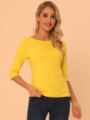 Casual Boat Neck 3/4 Sleeve Solid Basic T-shirt