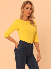 Casual Boat Neck 3/4 Sleeve Solid Basic T-shirt
