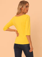 Casual Boat Neck 3/4 Sleeve Solid Basic T-shirt