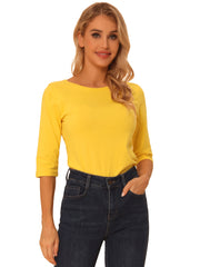 Casual Boat Neck 3/4 Sleeve Solid Basic T-shirt