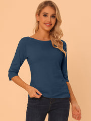 Casual Boat Neck 3/4 Sleeve Solid Basic T-shirt