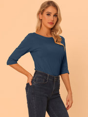 Casual Boat Neck 3/4 Sleeve Solid Basic T-shirt