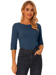 Casual Boat Neck 3/4 Sleeve Solid Basic T-shirt