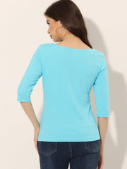 Casual Boat Neck 3/4 Sleeve Solid Basic T-shirt