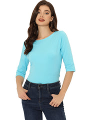 Casual Boat Neck 3/4 Sleeve Solid Basic T-shirt