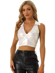 Holographic Crop Top Shimmering Shiny Party Halter Metallic Tops