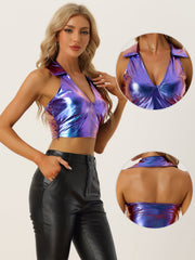 Holographic Crop Top Shimmering Shiny Party Halter Metallic Tops