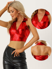 Holographic Crop Top Shimmering Shiny Party Halter Metallic Tops