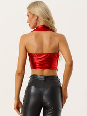 Holographic Crop Top Shimmering Shiny Party Halter Metallic Tops