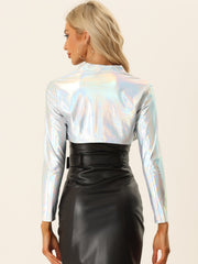 Women's Cropped Bolero Holographic Party Shimmering Shiny Lightweight Metallic Cardigan
