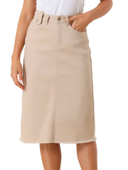 Casual High Waist Back Slit Stretch Denim Midi Jean Skirt