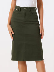 Casual High Waist Back Slit Stretch Denim Midi Skirt