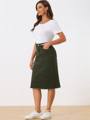 Casual High Waist Back Slit Stretch Denim Midi Skirt