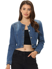 Denim Collarless Long Sleeve Button Down Crop Jean Jacket