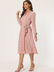 Floral Print Long Sleeve Spring Flowy Midi Boho Dress