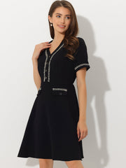 V Neck Half Placket Short Sleeve Textured A-Line Midi Dress