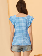 Summer Gingham Tops Square Neck Ruffle Cap Sleeve Blouse