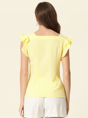 Summer Gingham Tops Square Neck Ruffle Cap Sleeve Blouse
