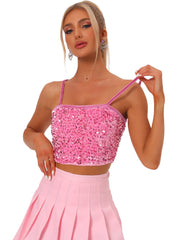 Sequined Velvet Spaghetti Strap Club Party Cropped Cami Top