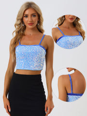 Sequined Velvet Spaghetti Strap Club Party Cropped Cami Top