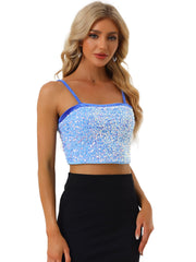 Sequined Velvet Spaghetti Strap Club Party Cropped Cami Top