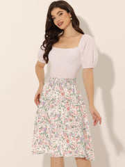 Floral Smocked Elastic Waist Knee Length Ruffle Tiered Skirt