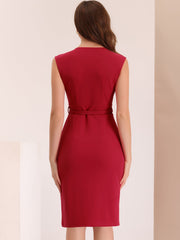 Solid Color V Neck Sleeveless Belted Business Office Midi Sheath Dress