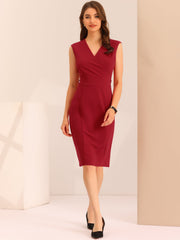 Solid Color V Neck Sleeveless Belted Business Office Midi Sheath Dress