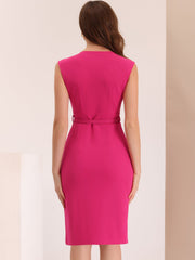 Solid Color V Neck Sleeveless Belted Business Office Midi Sheath Dress