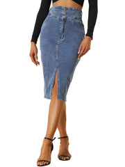Casual Denim High Waist Split Hem Pencil Jean Midi Skirt