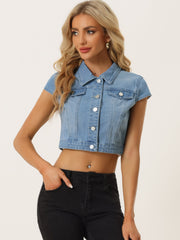 Summer Button Down Cap Short Sleeve Cropped Jean Denim Jacket