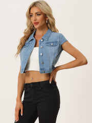 Summer Button Down Cap Short Sleeve Cropped Jean Denim Jacket