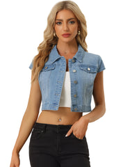 Summer Button Down Cap Short Sleeve Cropped Jean Denim Jacket