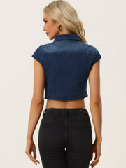 Summer Button Down Cap Short Sleeve Cropped Jean Denim Jacket