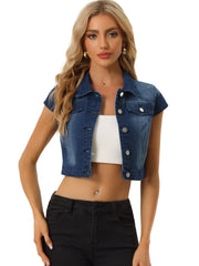 Summer Button Down Cap Short Sleeve Cropped Jean Denim Jacket