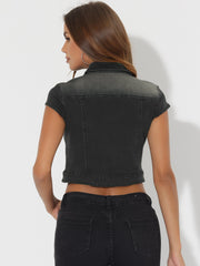 Summer Button Down Cap Short Sleeve Cropped Jean Denim Jacket