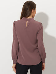 Keyhole Elegant Stand Collar Long Sleeve Chiffon Office Blouse
