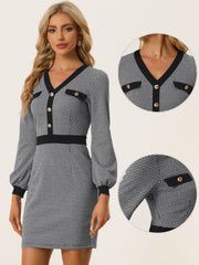 Houndstooth V Neck Long Sleeve Elegant Sheath Dresses