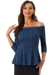 Elegant Lace Blouse Semi Sheer 3/4 Sleeve Off Shoulder Peplum Top