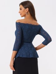 Elegant Lace Blouse Semi Sheer 3/4 Sleeve Off Shoulder Peplum Top