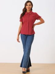 Cotton Frilled Top Turndown Collar Solid Blouse Shirt