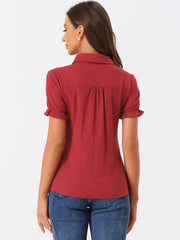 Cotton Frilled Top Turndown Collar Solid Blouse Shirt