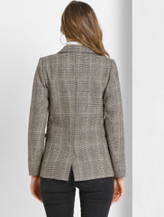 Plaid Notched Lapel One Button Houndstooth Blazer Jacket