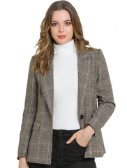 Plaid Notched Lapel One Button Houndstooth Blazer Jacket