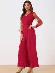 Elegant V Neck Mesh Long Sleeve Loose Wide Leg Jumpsuits