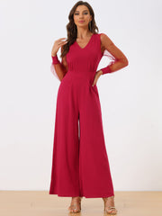 Elegant V Neck Mesh Long Sleeve Loose Wide Leg Jumpsuits