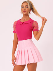 Peter Pan Collar Puff Mesh Short Sleeve Polka Dot Blouse