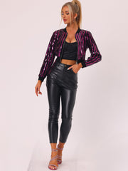 Metallic Sequin Shiny Zip Up Party Sparkly Crop Bomber Jacket