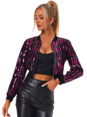 Metallic Sequin Shiny Zip Up Party Sparkly Crop Bomber Jacket