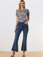Peter Pan Collar Puff Short Sleeve Ruffle Smocked Floral Blouse